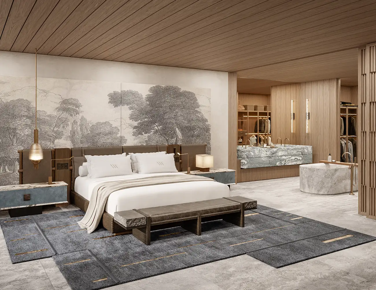 Luxury master bedroom with modern wooden ceiling, elegant stone finishes, and integrated walk-in closet