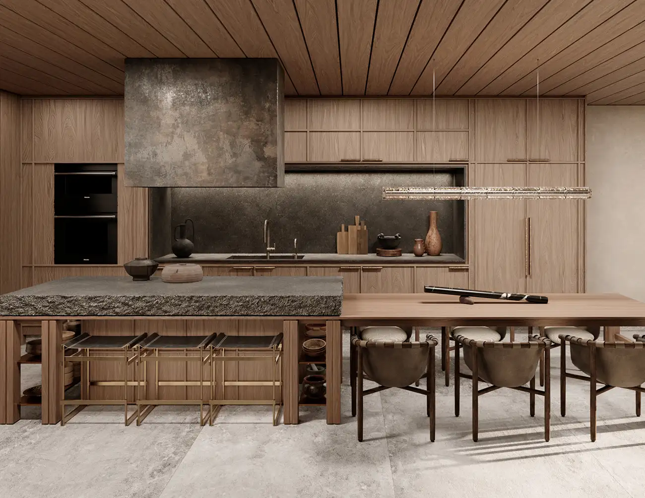 Designer kitchen with stone island, wood cabinetry, and modern lighting in luxury residence