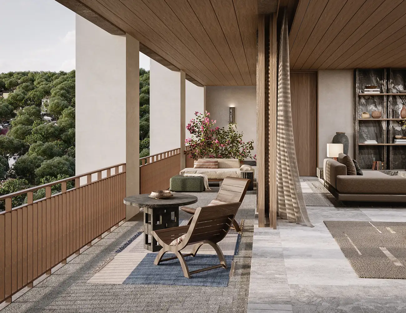 Open-concept terrace and living room with forest view, designer furniture, and natural finishes